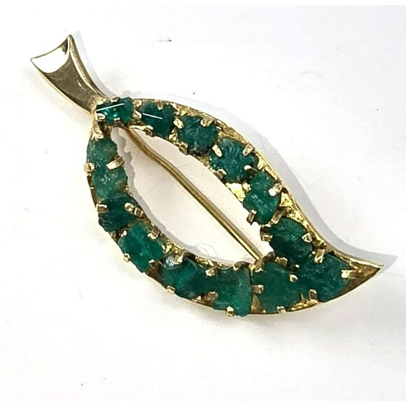 Raw Emerald Brooch Pin 18k Yellow Gold Leaf Shape Vintage Artisan STUNNING LI613 - Picture 9 of 15
